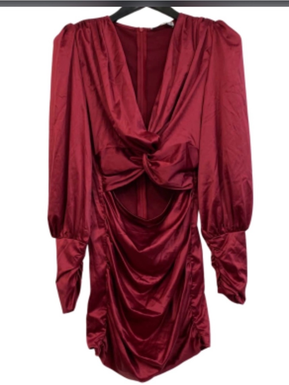 Simplee Apparel Satin Long Sleeve Twist Front Dress in Burgundy